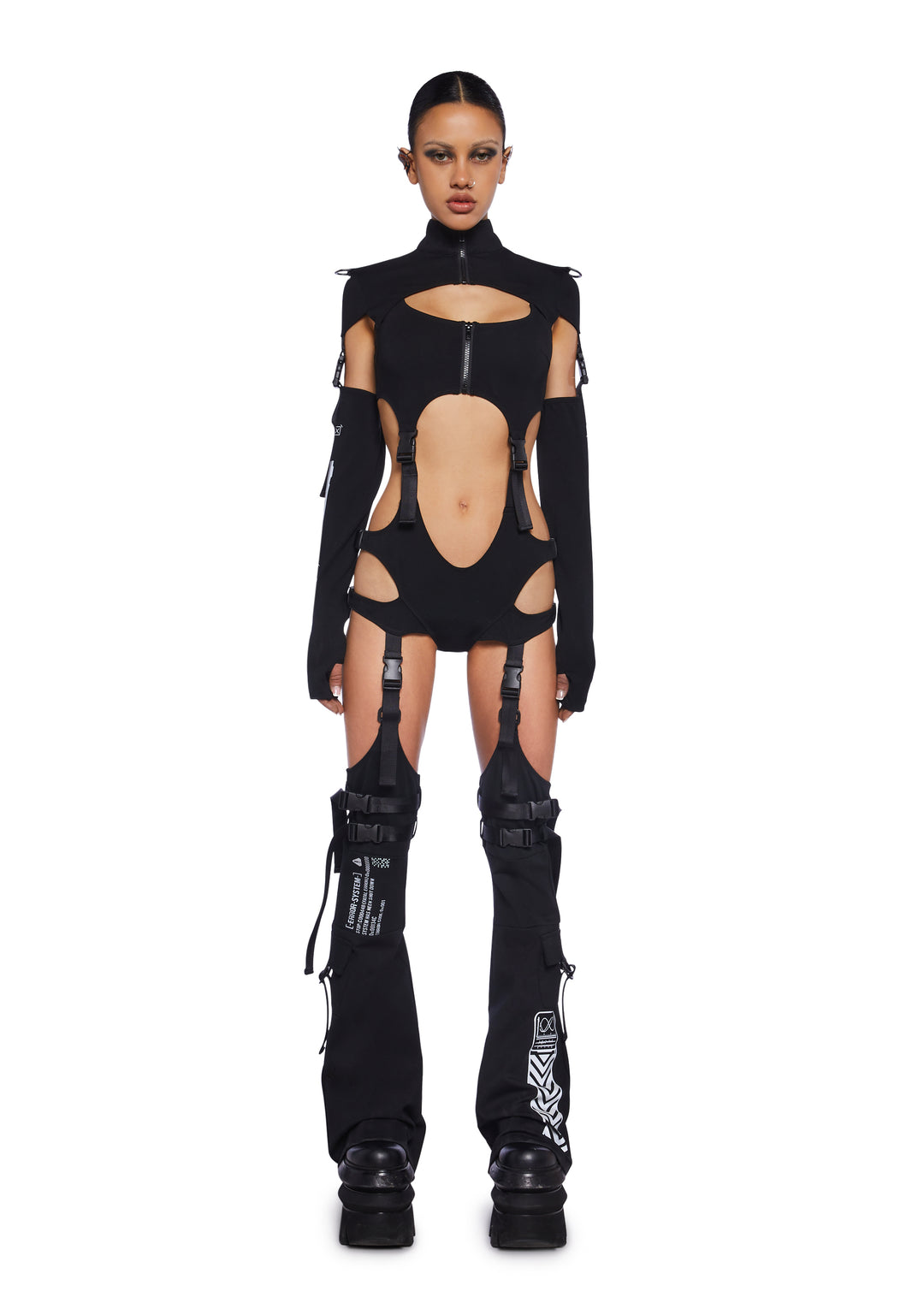 Club Exx Ponte Knit Cut Out Bodysuit With Shrug Leg Warmers That Are Detachable - Black
