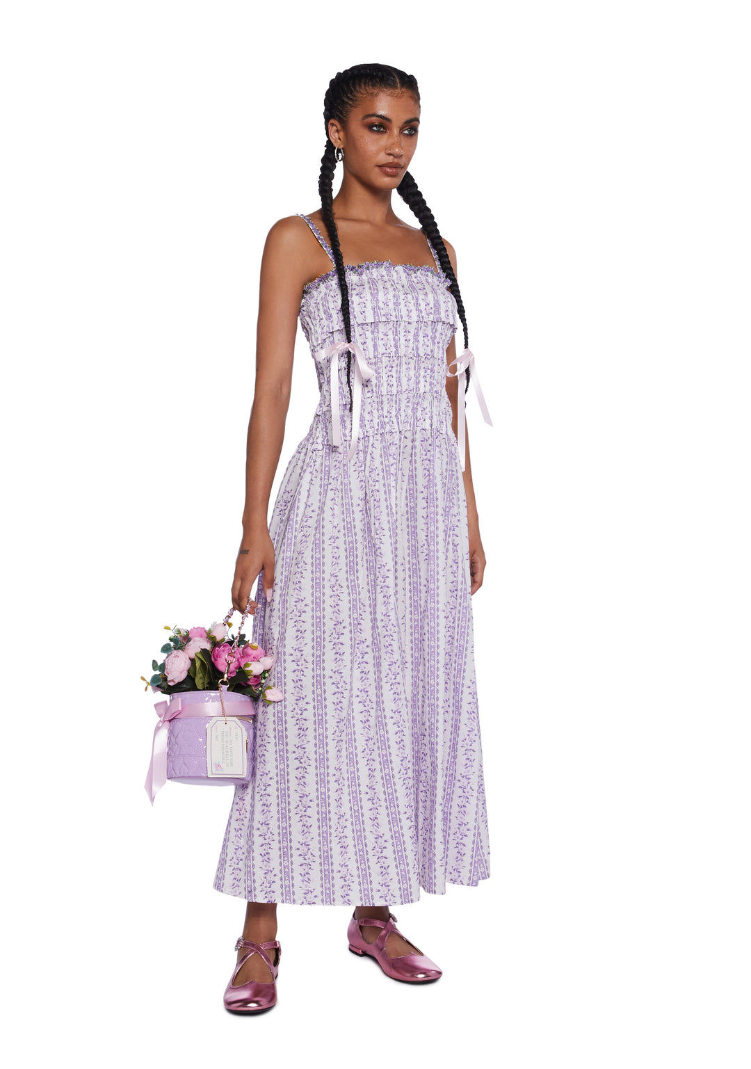 Sugar Thrillz Floral Print Maxi Dress With Shirred Back And Embroidery - Purple - Image 5