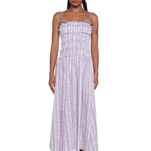 Sugar Thrillz Floral Print Maxi Dress With Shirred Back And Embroidery - Purple