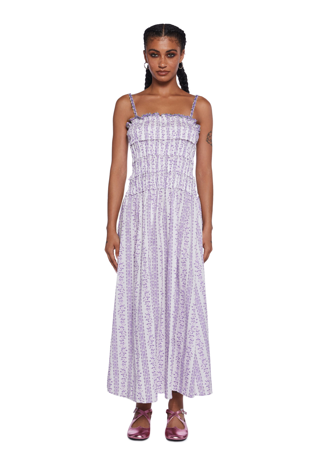 Sugar Thrillz Floral Print Maxi Dress With Shirred Back And Embroidery - Purple