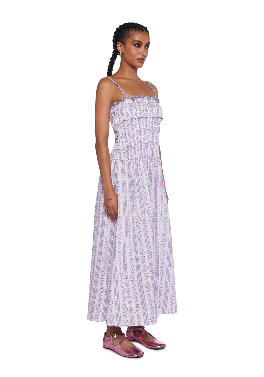 Sugar Thrillz Floral Print Maxi Dress With Shirred Back And Embroidery - Purple - Image 3