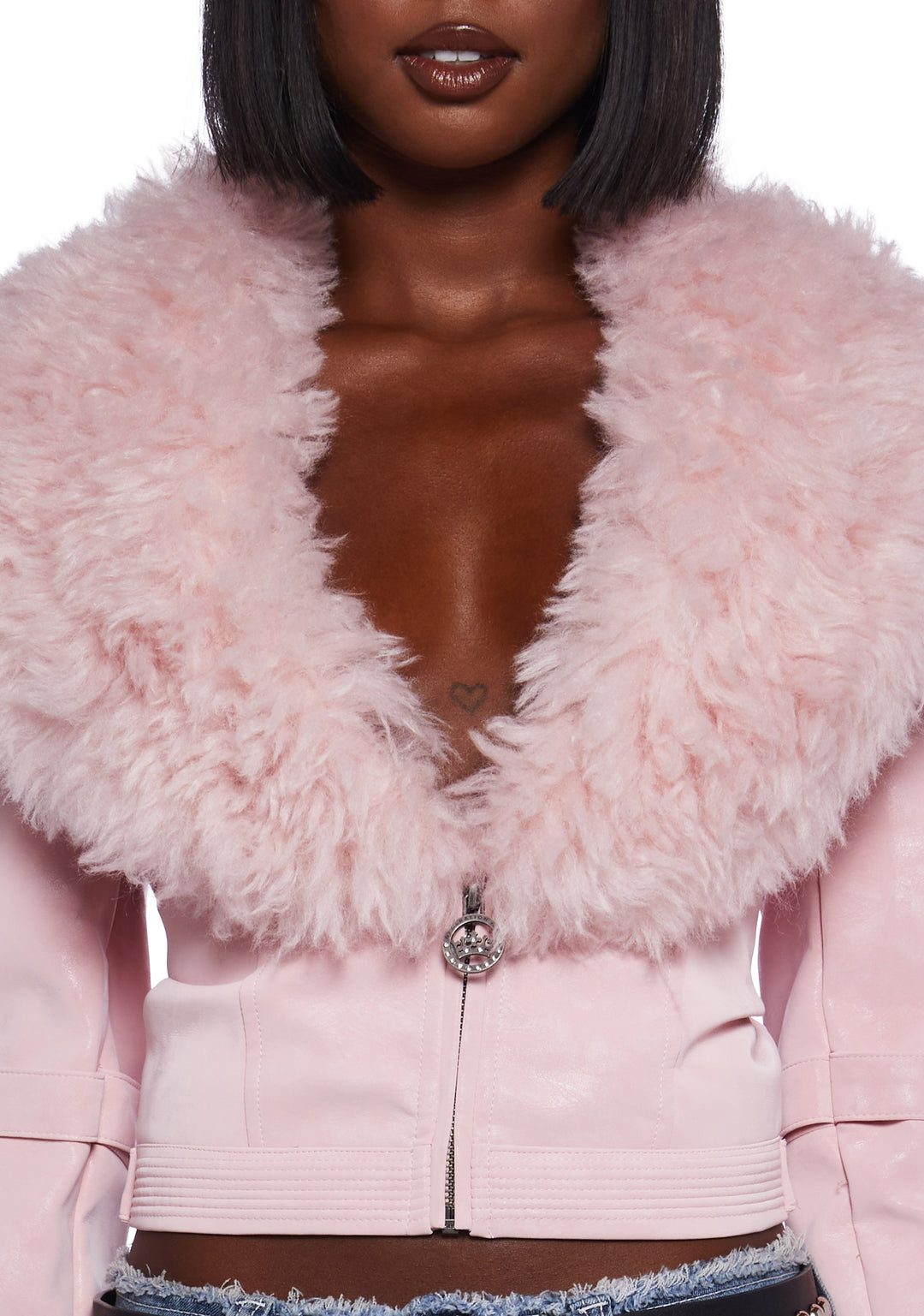 Generation Kiss Faux Fur Trim Vegan Leather Buckle Crop Jacket - Pink - Image 5
