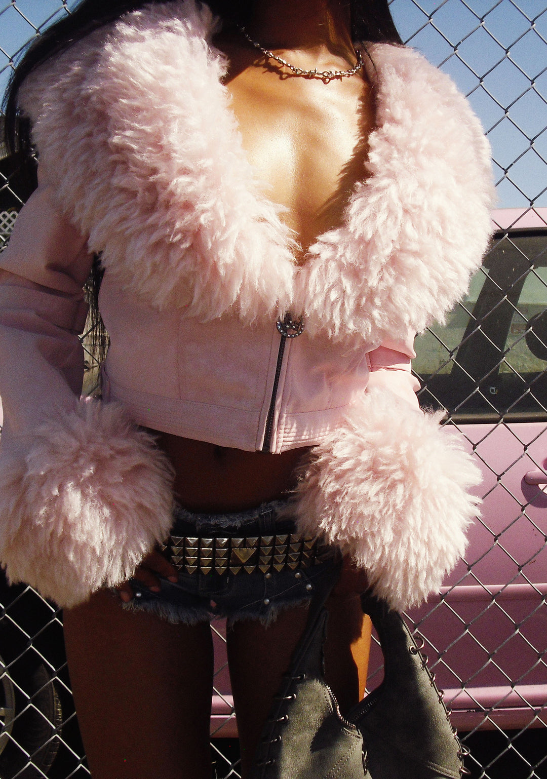 Generation Kiss Faux Fur Trim Vegan Leather Buckle Crop Jacket - Pink - Image 6