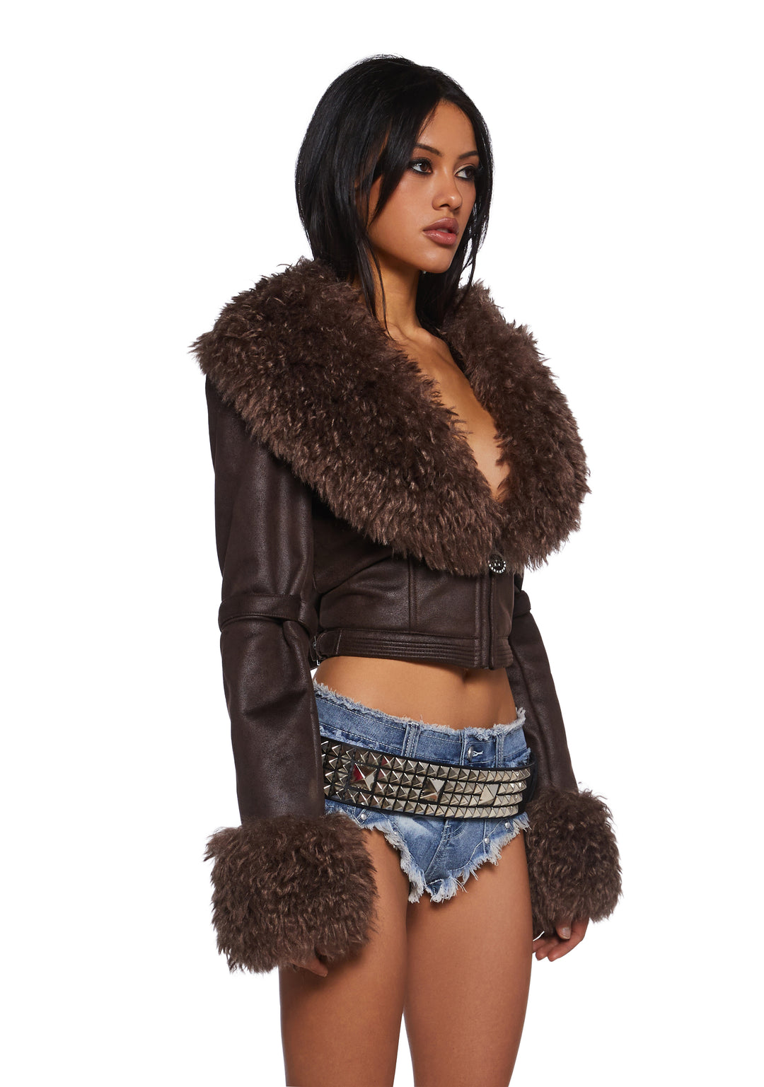 Generation Kiss Faux Fur Trim Vegan Leather Buckle Crop Jacket - Brown - Image 3
