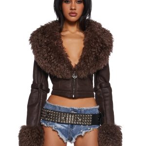 Generation Kiss Faux Fur Trim Vegan Leather Buckle Crop Jacket - Brown