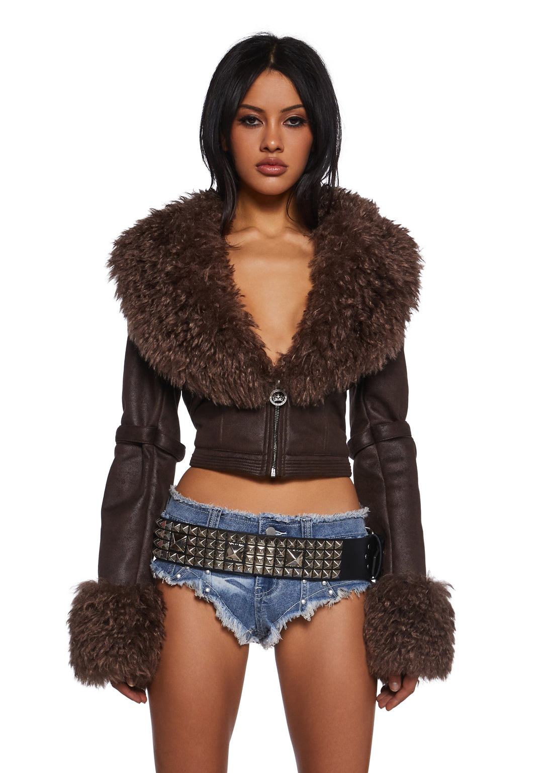 Generation Kiss Faux Fur Trim Vegan Leather Buckle Crop Jacket - Brown