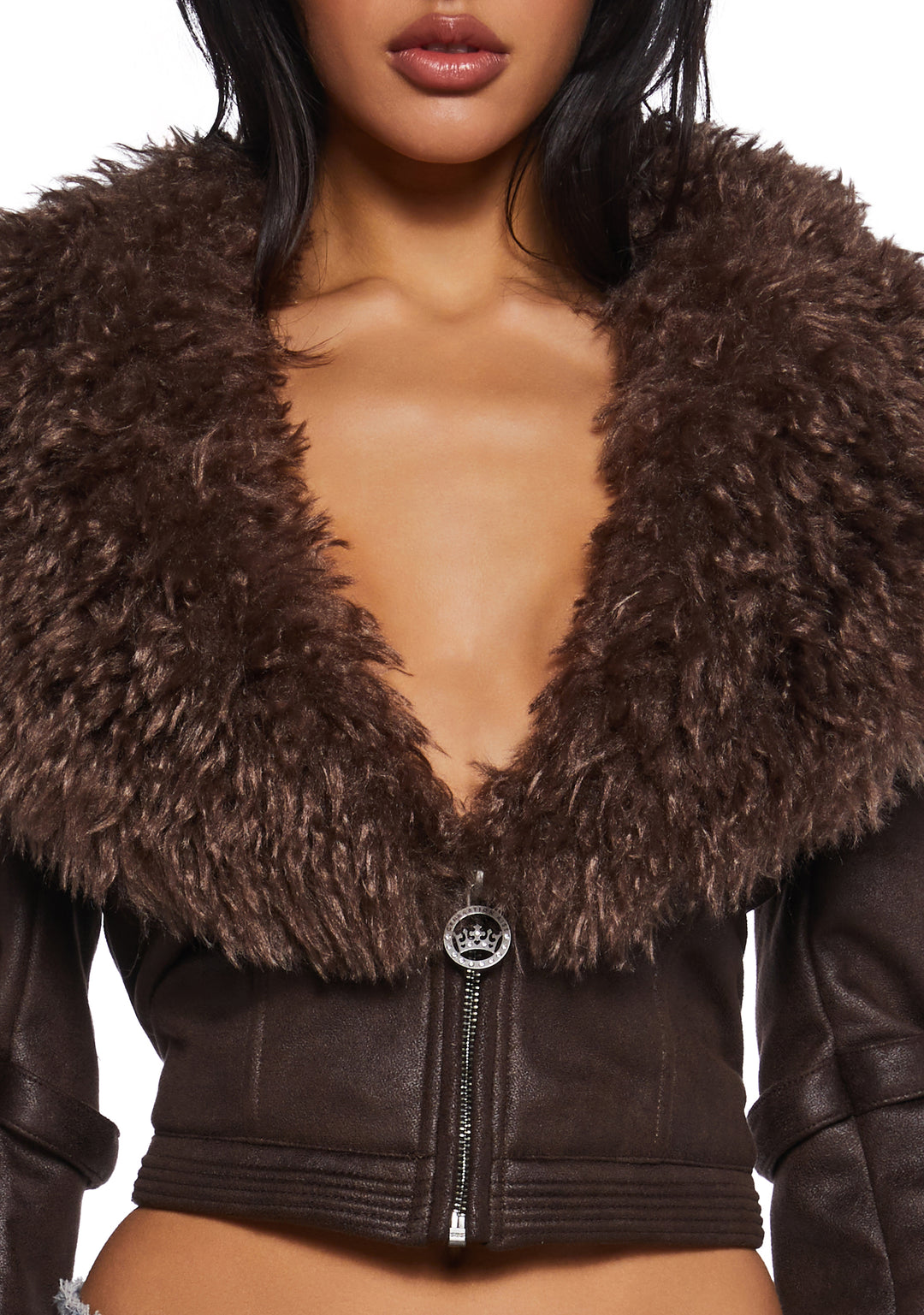 Generation Kiss Faux Fur Trim Vegan Leather Buckle Crop Jacket - Brown - Image 5