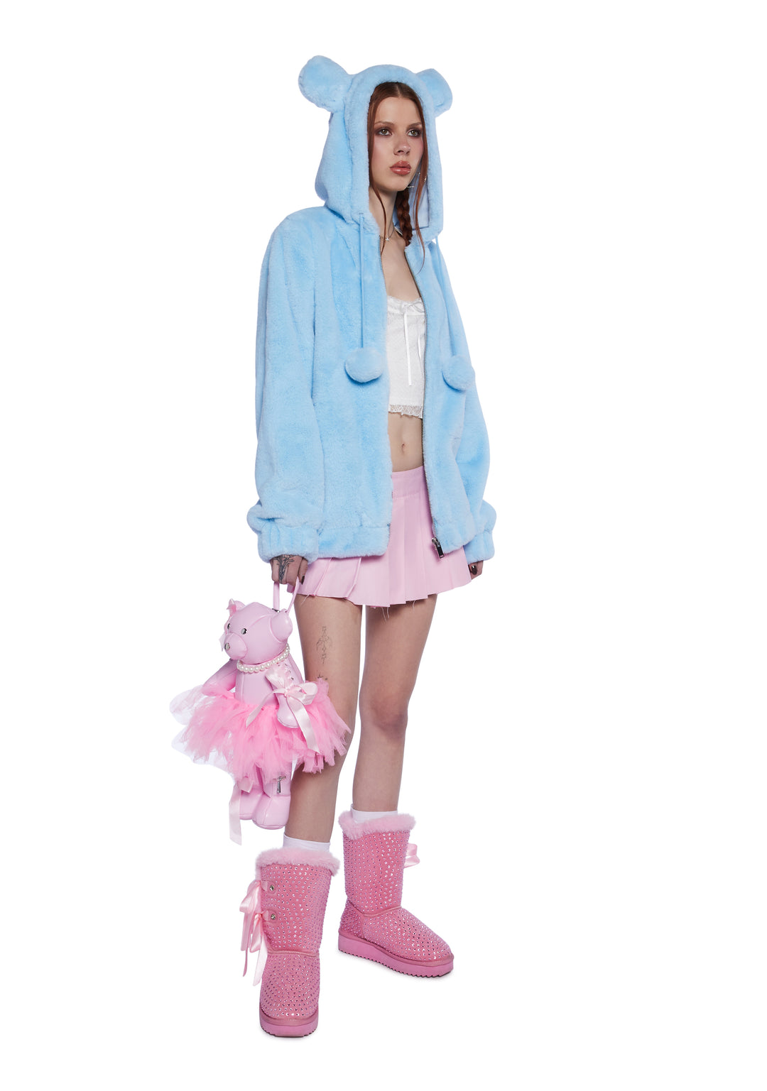 Sugar Thrillz Faux Fur Bear Ear Pom Pom Hoodie - Light Blue - Image 3