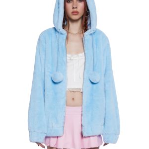Sugar Thrillz Faux Fur Bear Ear Pom Pom Hoodie - Light Blue