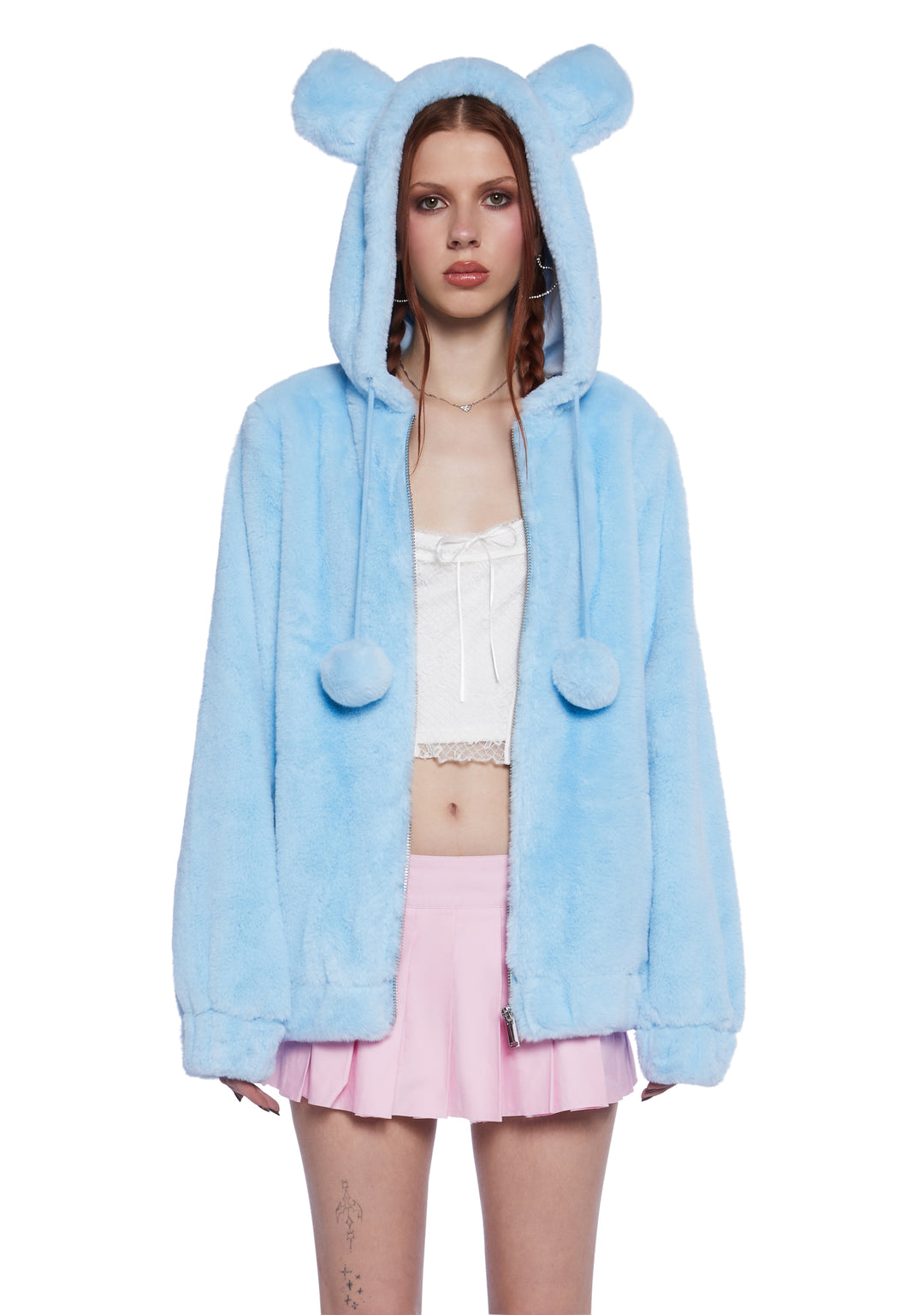 Sugar Thrillz Faux Fur Bear Ear Pom Pom Hoodie - Light Blue