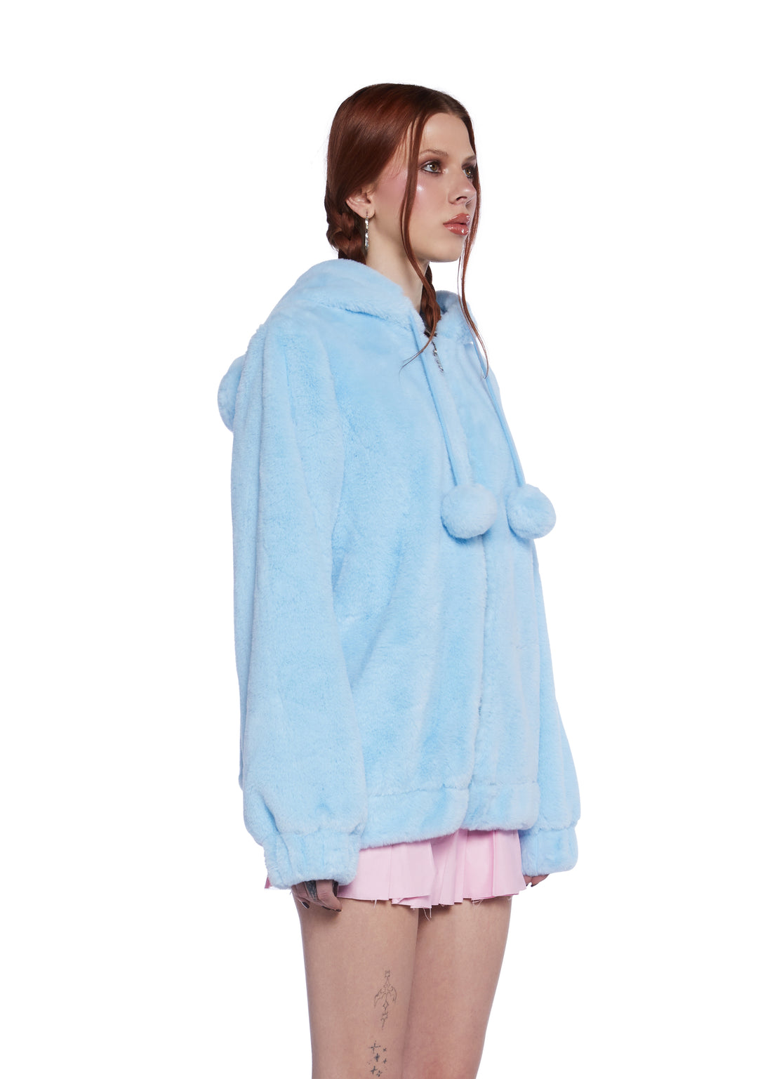 Sugar Thrillz Faux Fur Bear Ear Pom Pom Hoodie - Light Blue - Image 2