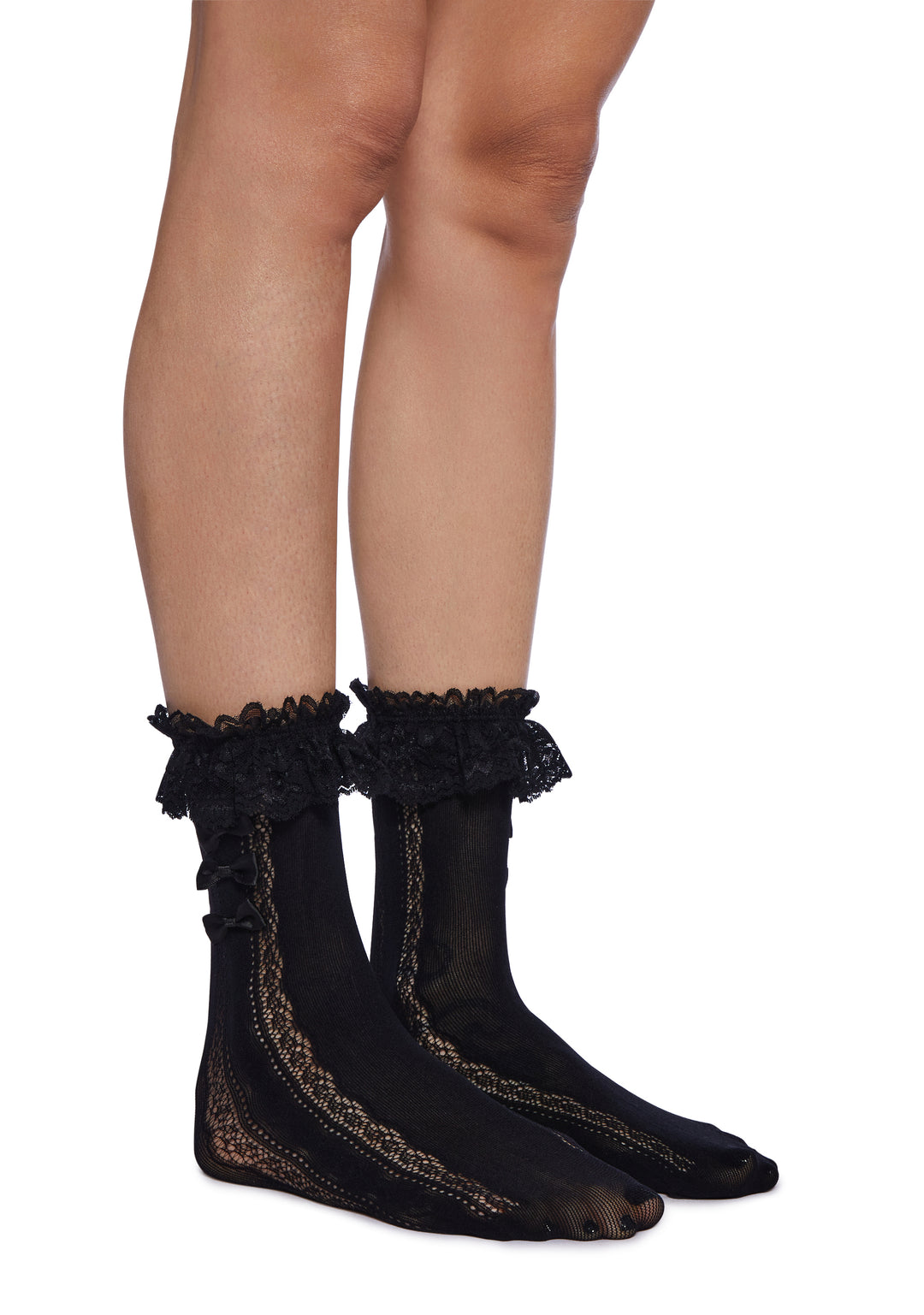 Pointelle Knit Ruffle Lace Bow Crew Socks - Black - Image 2