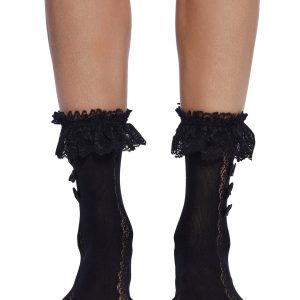 Pointelle Knit Ruffle Lace Bow Crew Socks - Black