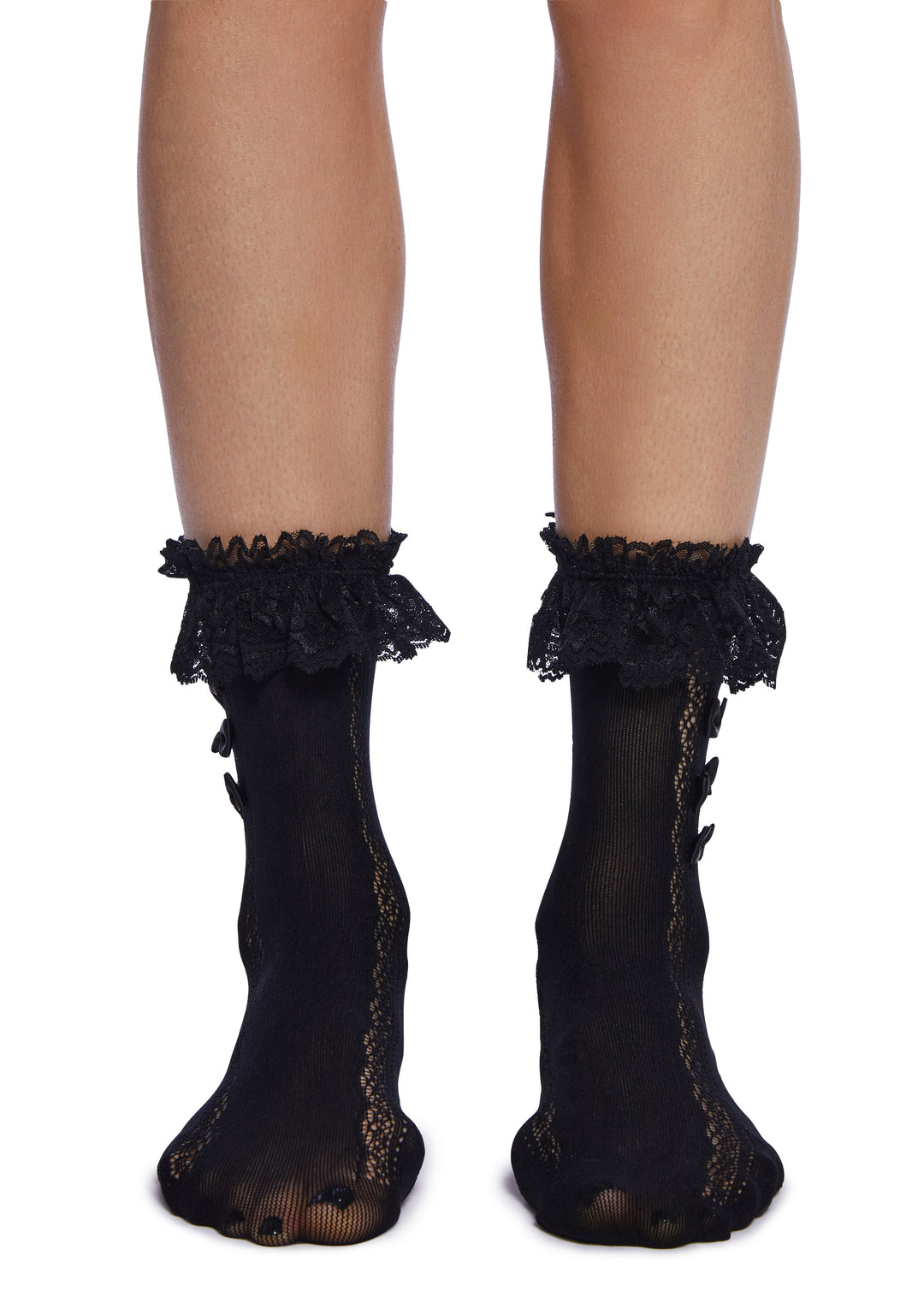 Pointelle Knit Ruffle Lace Bow Crew Socks - Black