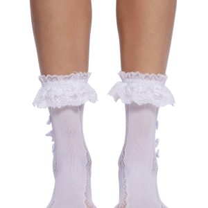 Pointelle Knit Ruffle Lace Bow Crew Socks - White