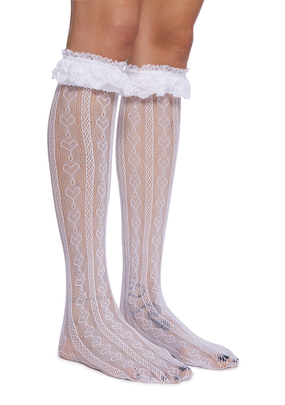 Heart Detailed Fishnet Knee High Socks - White - Image 2