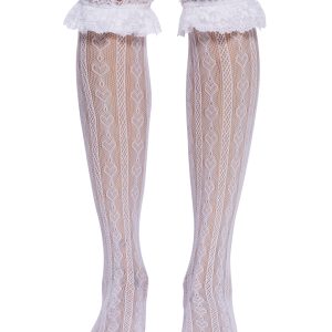 Heart Detailed Fishnet Knee High Socks - White