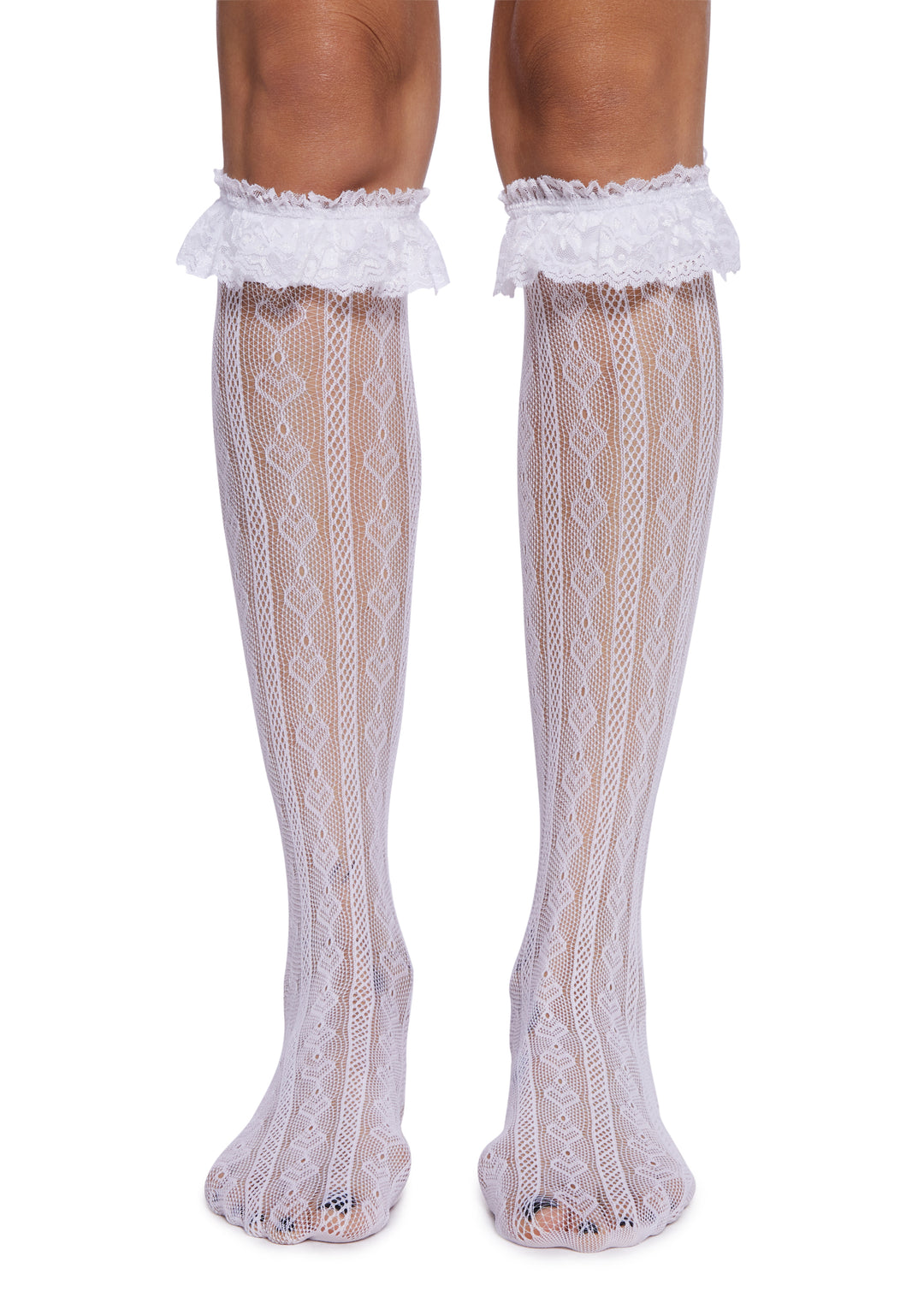 Heart Detailed Fishnet Knee High Socks - White