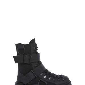 Club Exx Burning Man Buckle D Ring Lace Up Combat Boots - Black