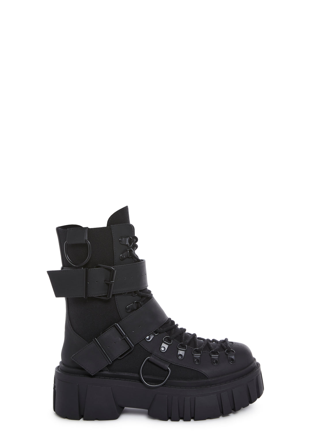 Club Exx Burning Man Buckle D Ring Lace Up Combat Boots - Black