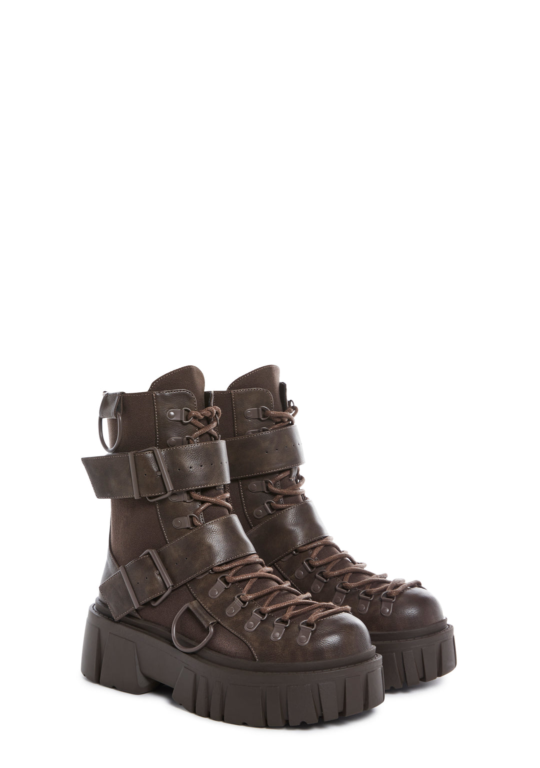 Club Exx Burning Man Buckle D Ring Lace Up Combat Boots - Brown - Image 3