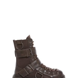 Club Exx Burning Man Buckle D Ring Lace Up Combat Boots - Brown