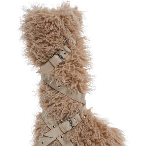 Club Exx Burning Man Faux Fur Strappy Knee High Wedge Platform Boots - Beige