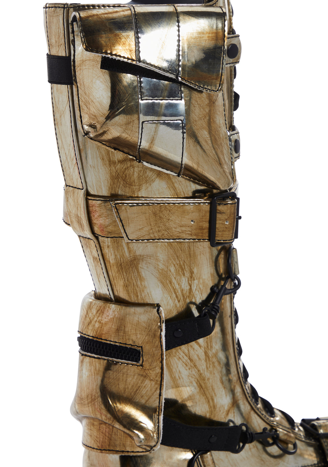 Club Exx Burning Man Distressed Metallic Knee High Boots With Pockets Rave - Silver - Image 2