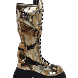 Club Exx Burning Man Distressed Metallic Knee High Boots With Pockets Rave - Silver