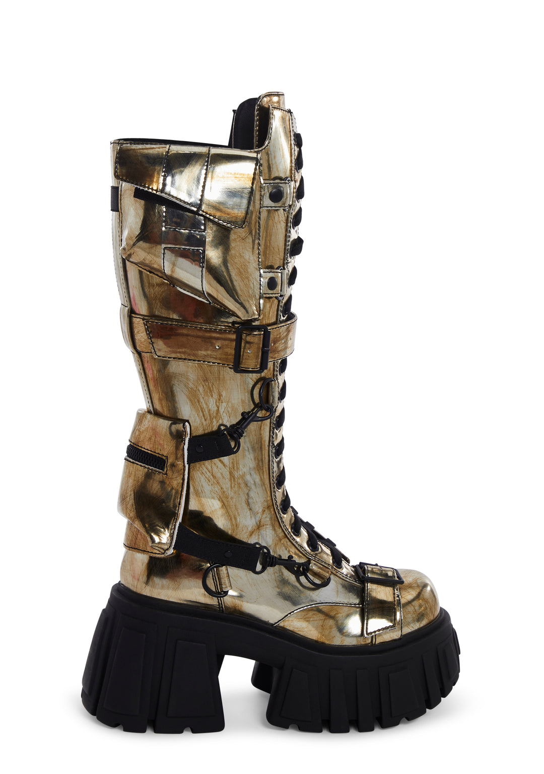 Club Exx Burning Man Distressed Metallic Knee High Boots With Pockets Rave - Silver