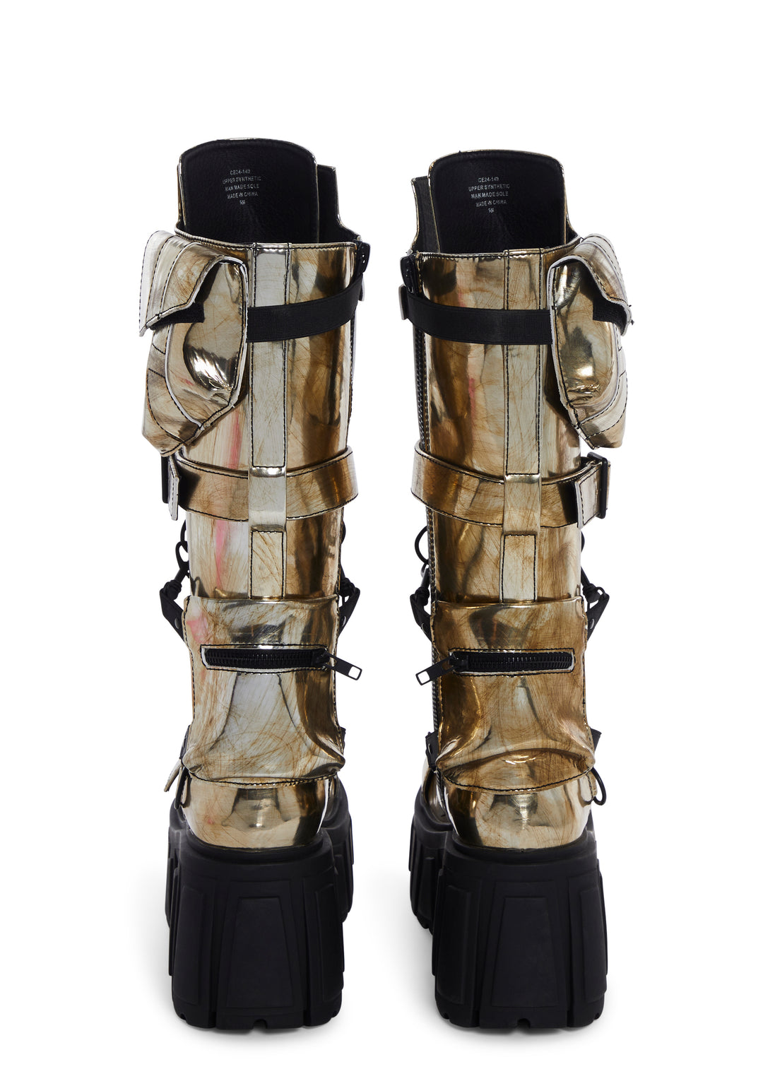 Club Exx Burning Man Distressed Metallic Knee High Boots With Pockets Rave - Silver - Image 4