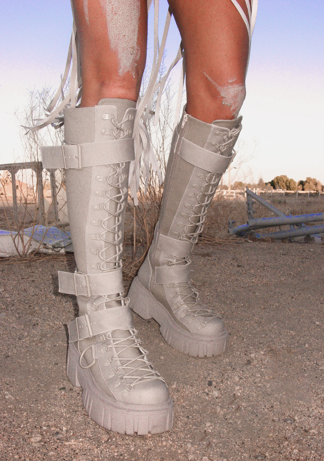 Club Exx Burning Man Canvas Faux Suede Knee High Boots Rave - Gray - Image 5