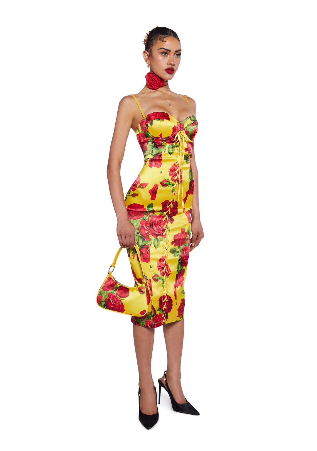 Sugar Thrillz Floral Print Satin Midi Dress With Lace Ups Italian Night Out - Yellow - Image 5