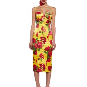 Sugar Thrillz Floral Print Satin Midi Dress With Lace Ups Italian Night Out - Yellow