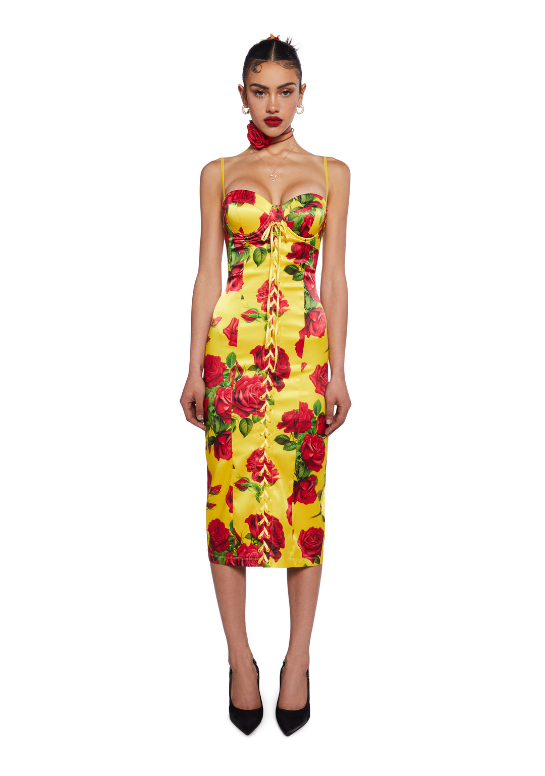Sugar Thrillz Floral Print Satin Midi Dress With Lace Ups Italian Night Out - Yellow