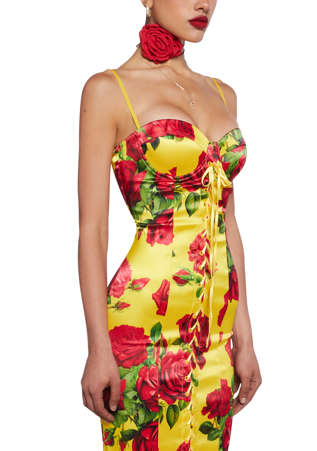 Sugar Thrillz Floral Print Satin Midi Dress With Lace Ups Italian Night Out - Yellow - Image 2
