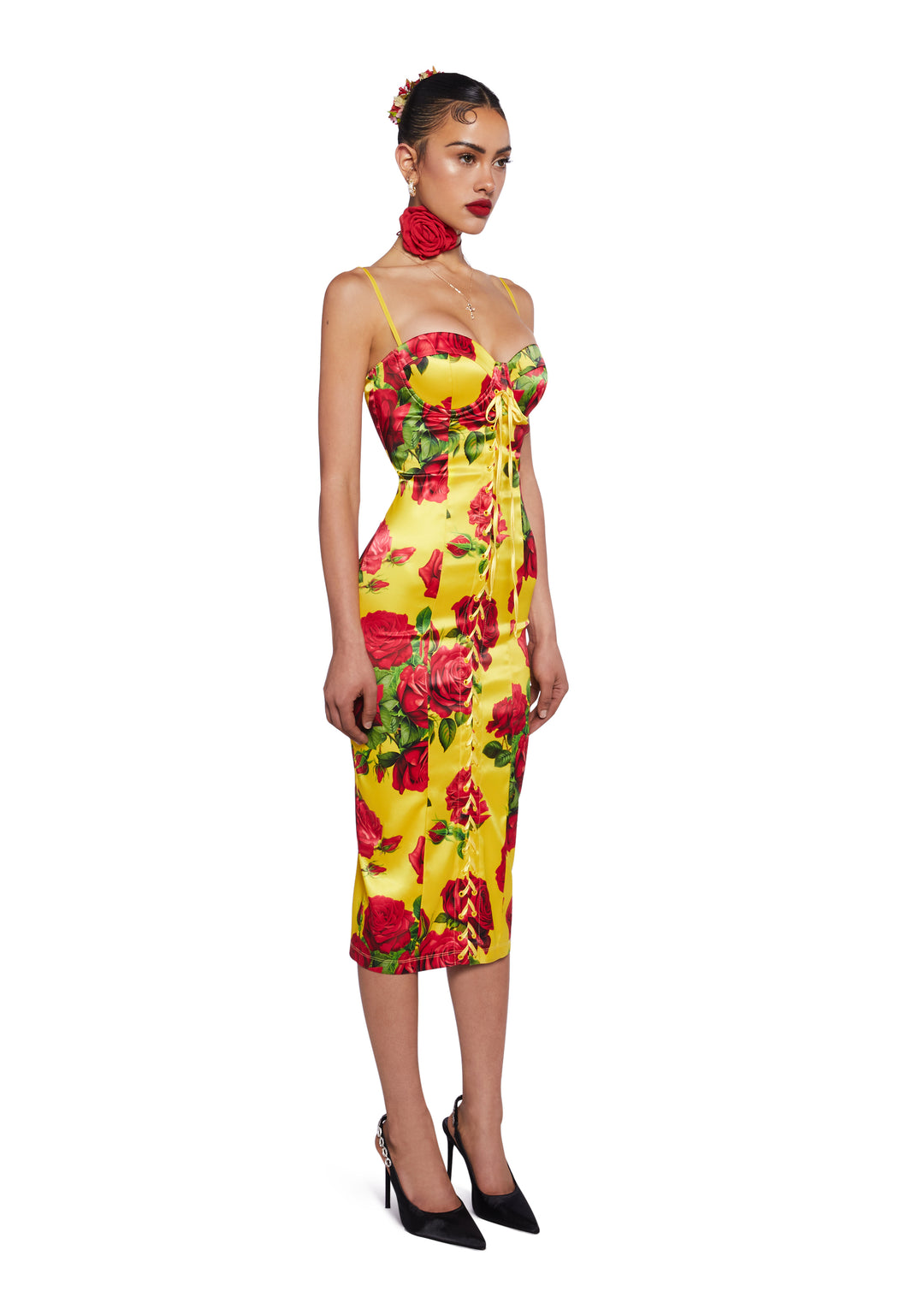 Sugar Thrillz Floral Print Satin Midi Dress With Lace Ups Italian Night Out - Yellow - Image 3