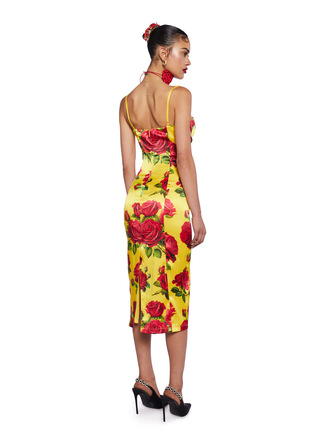 Sugar Thrillz Floral Print Satin Midi Dress With Lace Ups Italian Night Out - Yellow - Image 4