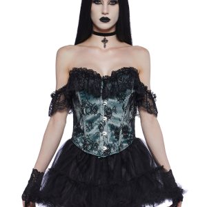 Widow Goth Lolita Satin Lace Off-The-Shoulder Lace-Up Corset Top - Blue