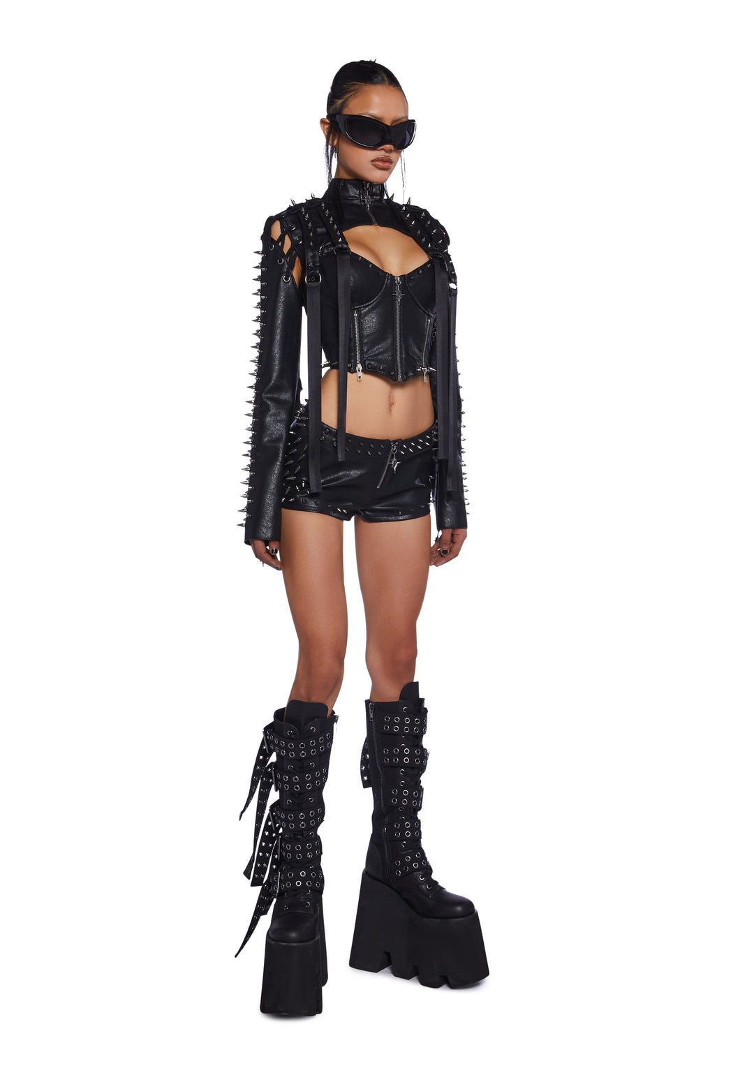 Darker Wavs Vegan Leather Spiked Micro Shorts - Black - Image 2