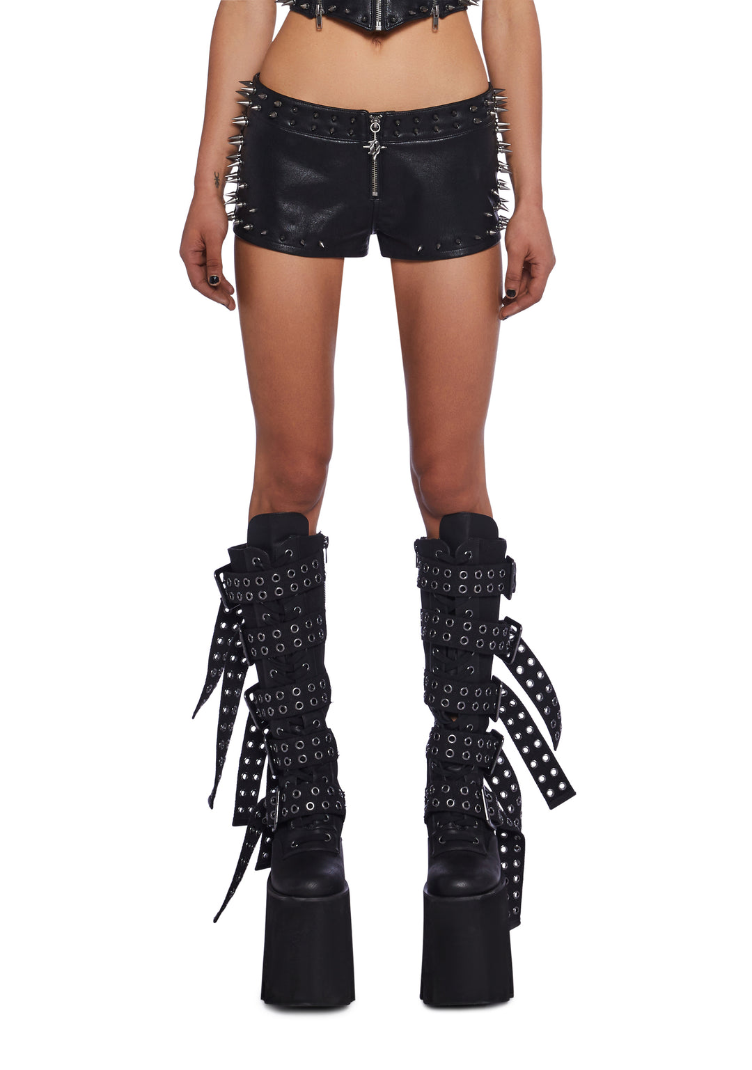 Darker Wavs Vegan Leather Spiked Micro Shorts - Black
