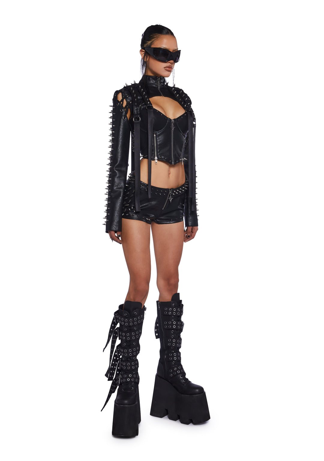 Darker Wavs Vegan Leather Shrug With Spikes And Rope Lace Ups - Black - Image 2