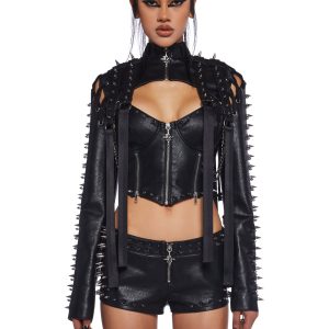 Darker Wavs Vegan Leather Shrug With Spikes And Rope Lace Ups - Black