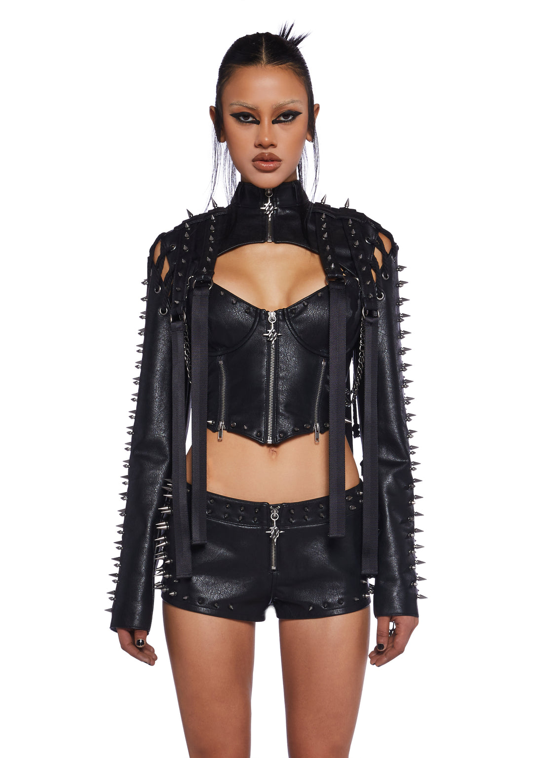 Darker Wavs Vegan Leather Shrug With Spikes And Rope Lace Ups - Black