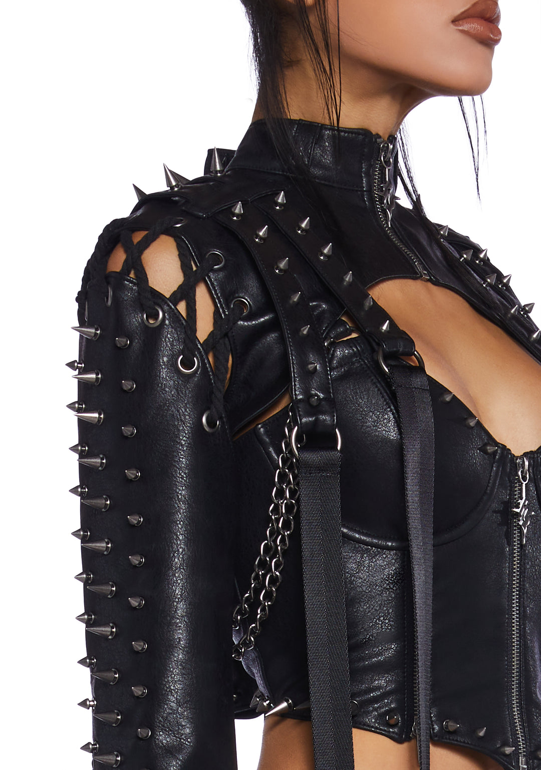 Darker Wavs Vegan Leather Shrug With Spikes And Rope Lace Ups - Black - Image 5