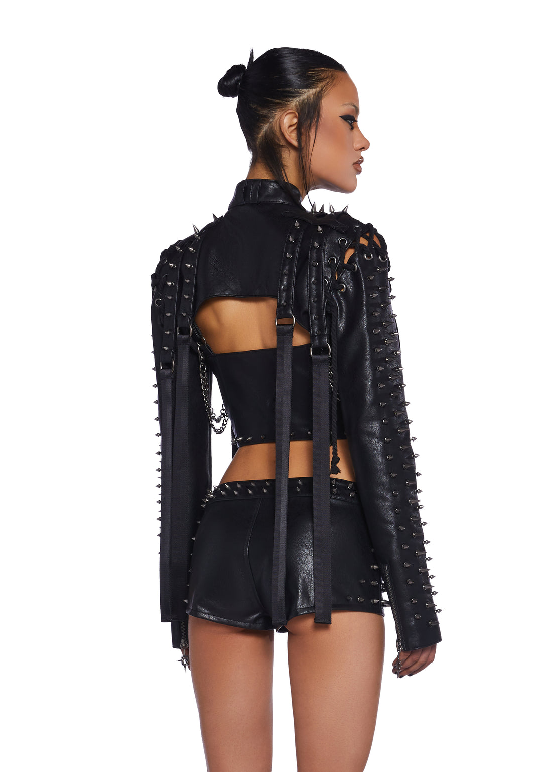 Darker Wavs Vegan Leather Shrug With Spikes And Rope Lace Ups - Black - Image 4