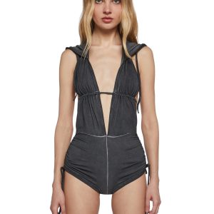 Darker Wavs Stretchy Washed Cotton Backless Hooded Romper - Black