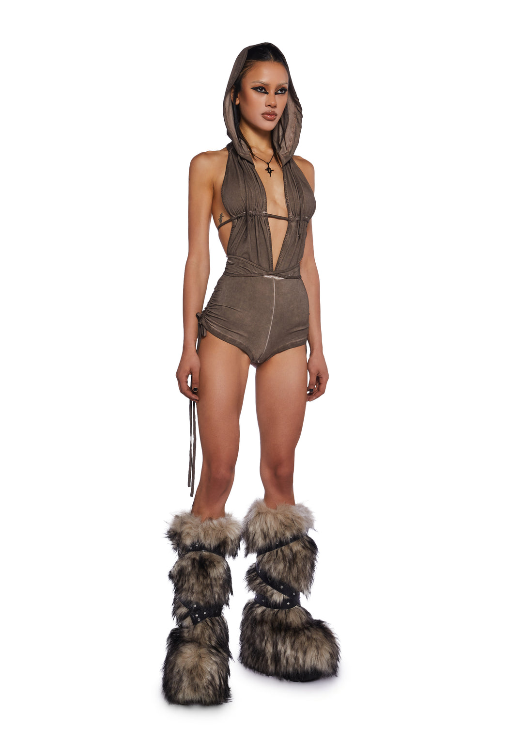 Darker Wavs Stretchy Washed Cotton Backless Hooded Romper - Brown - Image 2