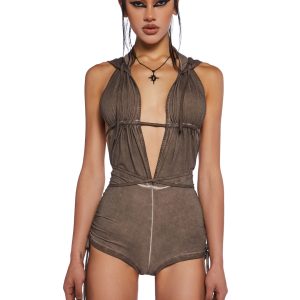 Darker Wavs Stretchy Washed Cotton Backless Hooded Romper - Brown