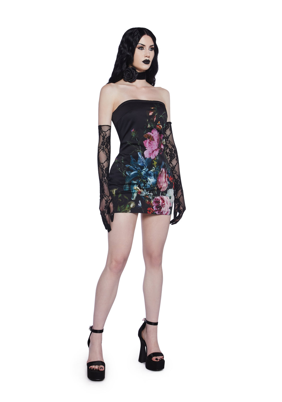 Widow Goth Floral Strapless Twill Mini Dress - Black - Image 3